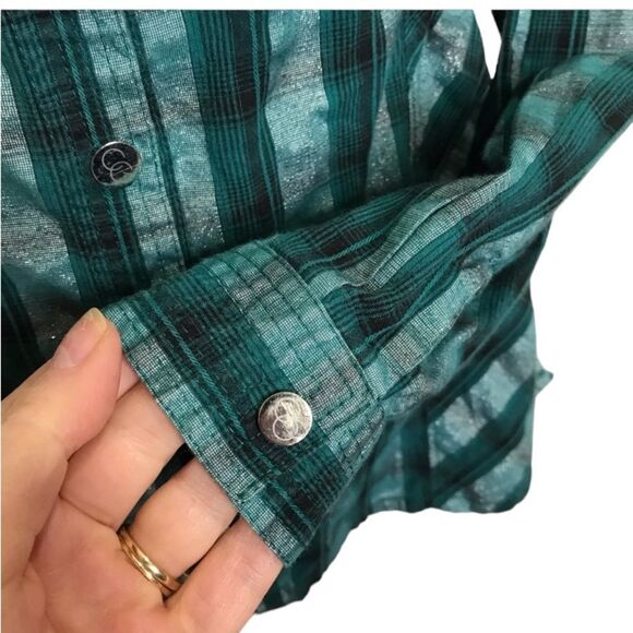 COOGI Metallic Plaid Snap Front Western Shirt Embroidered Spell Out Sz L - Picture 10 of 16